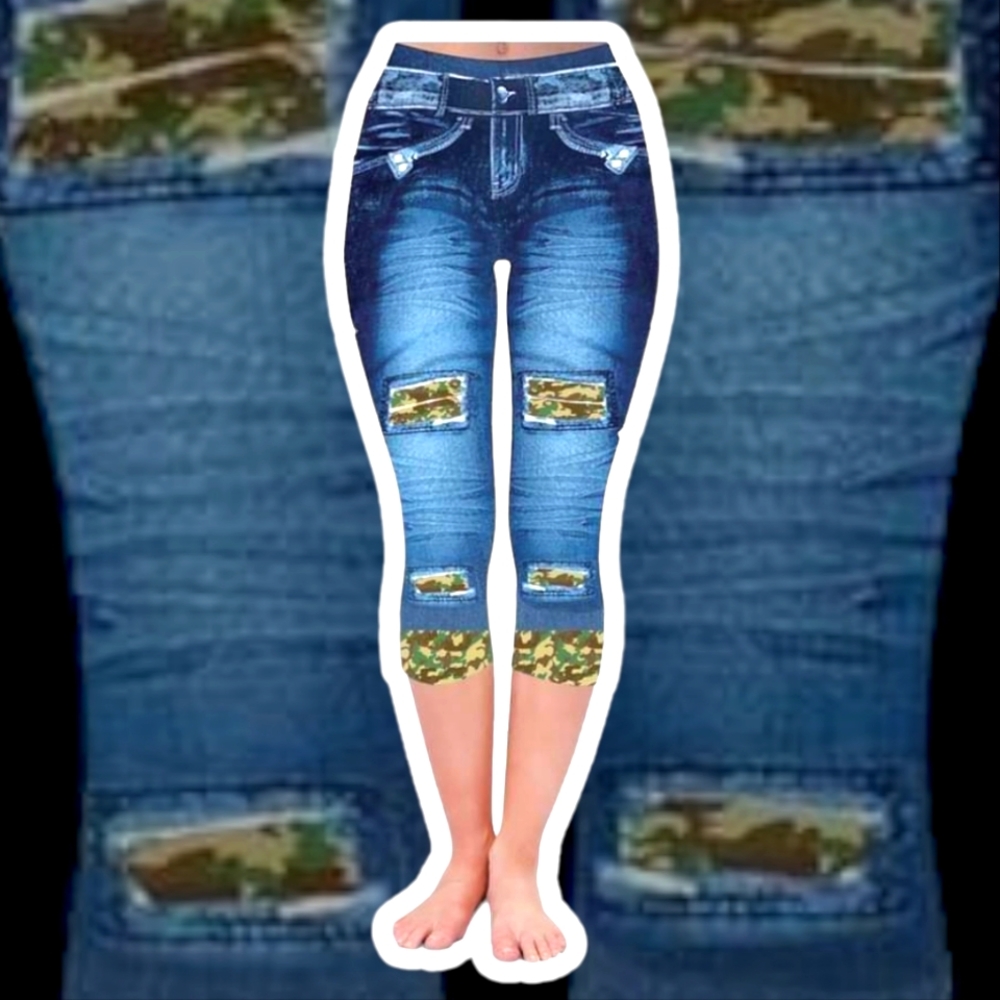 Faux denim camo peek-a-boo capri legging